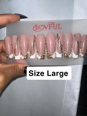 Nude Pink Press-On Nails with Gold Sequins & White Hearts - Large